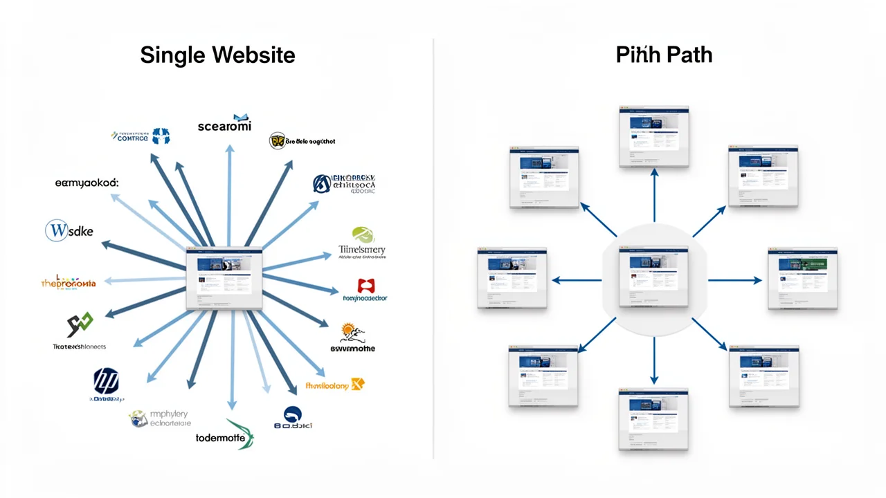 A conceptual infographic comparing decentralized guest post links versus a centralized Private Blog Network structure for link building.