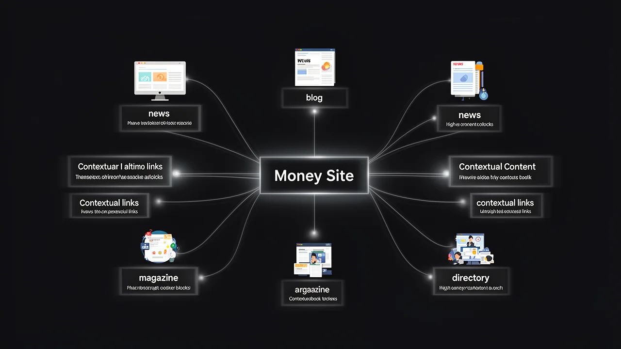 Diagram illustrating a content network strategy, showing a primary website receiving authority links from multiple distinct, authoritative satellite sites publishing quality content.