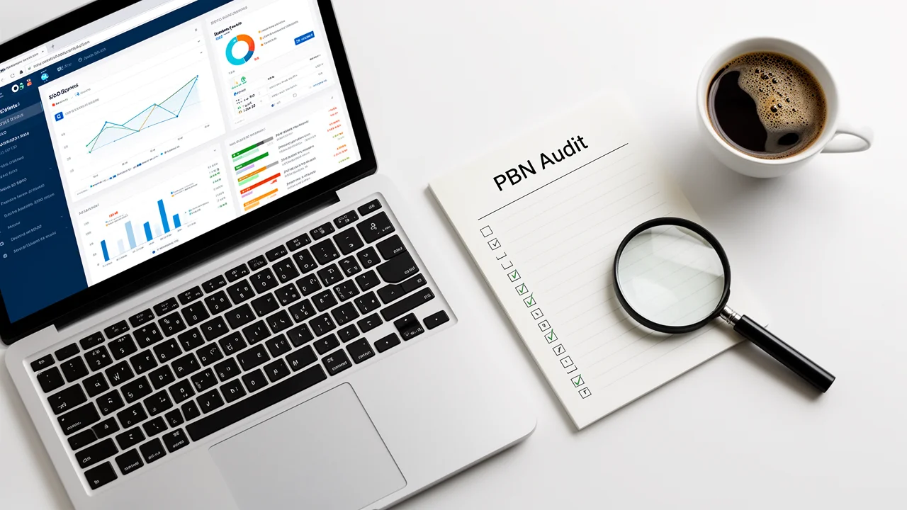 A professional workspace setup for conducting a detailed SEO audit, featuring analytics on a laptop and a planning notebook.