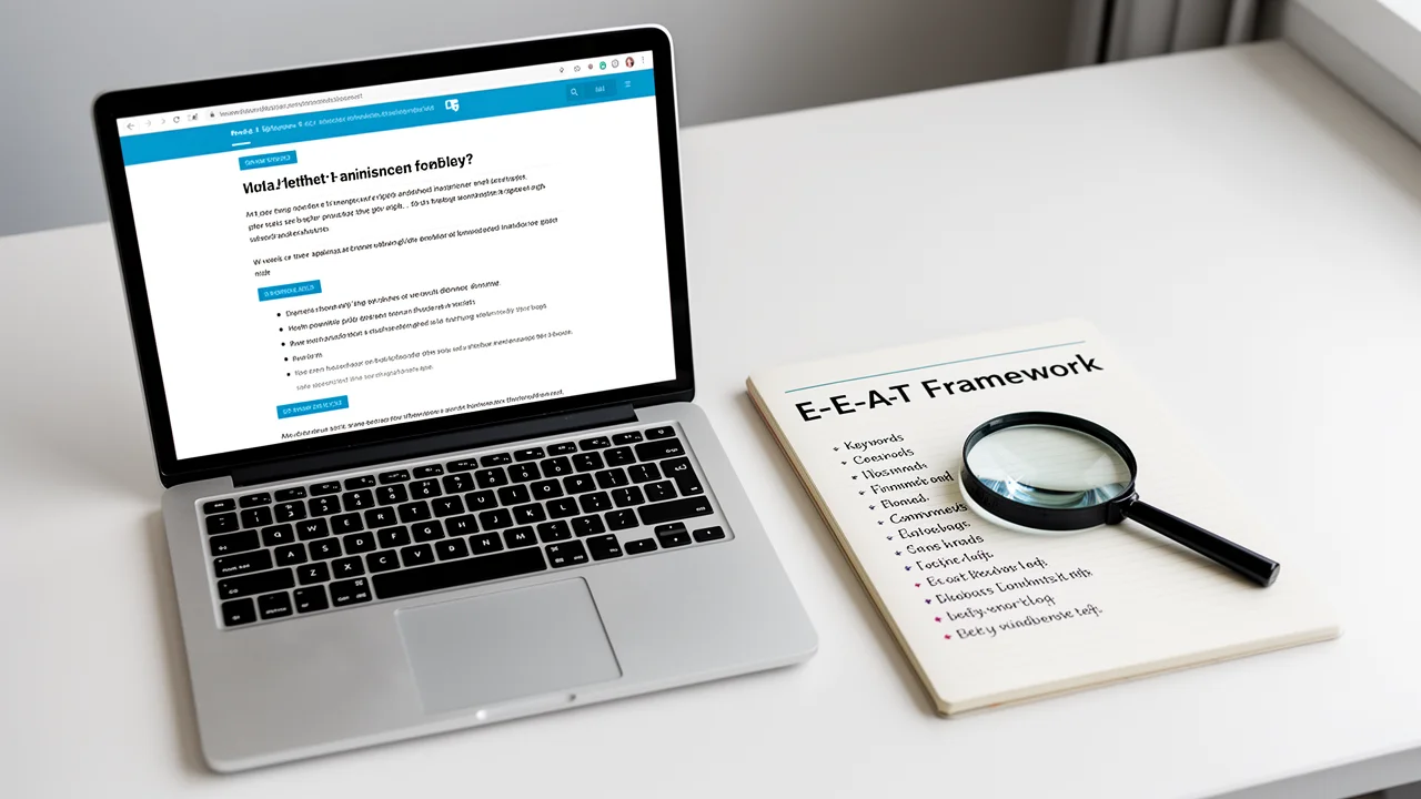 A workspace scene depicting the tools and process of content SEO optimization, including keyword research and editorial planning for quality articles.
